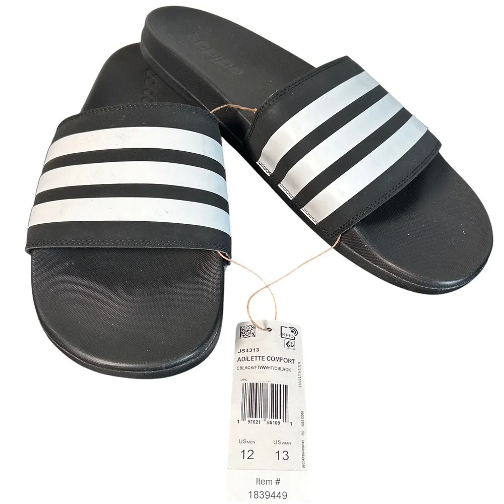 Adidas Adilette Comfort Slides Black White Mens 12 Womens 13 JS4313 Sandal